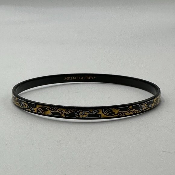 Michaela Frey Vienna Bracelet Black Gold Tone Floral Enamel Bangle 8 Inch - Picture 1 of 9